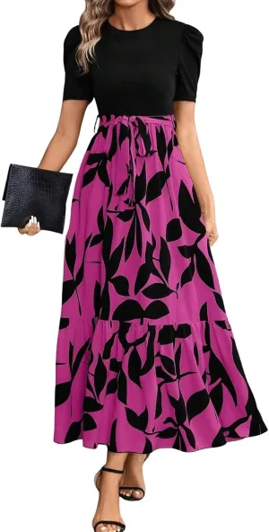 Summer Dresses for Women 2025 Puff Sleeve Empire Waist Flower Maxi Dress Elegant Tiered Long Dressy A Line Dress