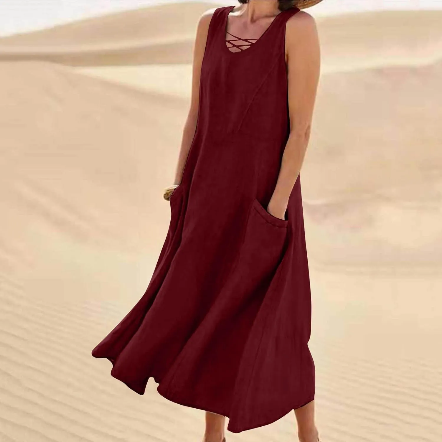 TARIENDY Summer Dresses for Women 2025 Maxi Sleeveless Sundress Fashion Beach Dress Flowy Vacation Sundresses with Pockets