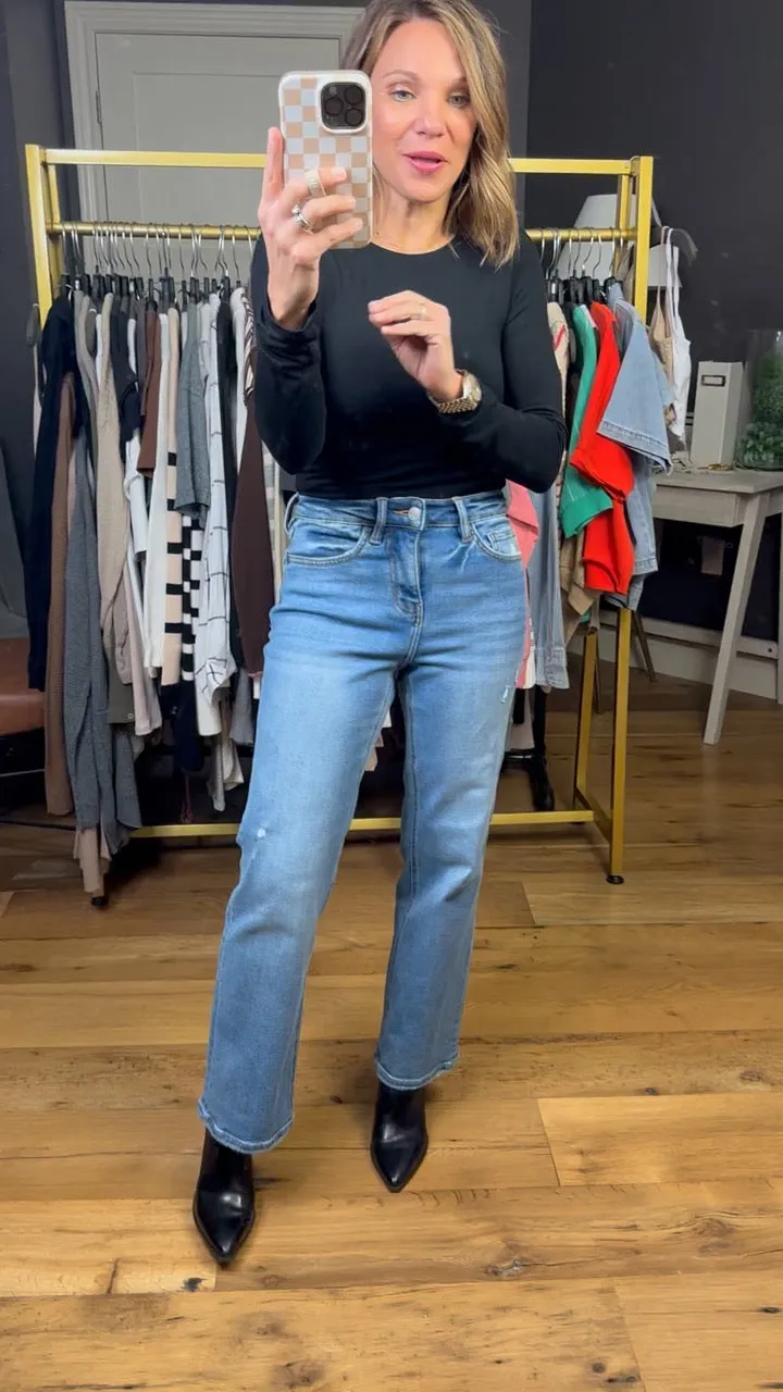 The Miley High Rise Ankle Slim Wide Leg Denim