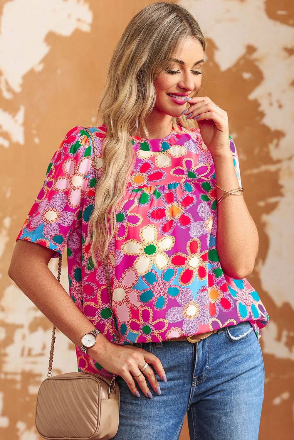 Tied Floral Printed Round Neck Half Sleeve Top