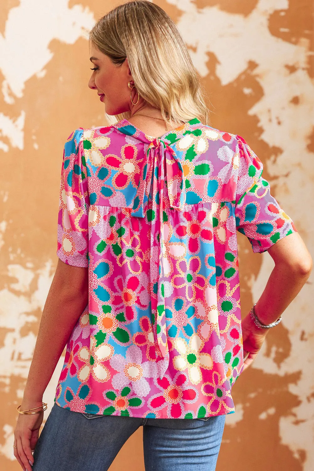 Tied Floral Printed Round Neck Half Sleeve Top