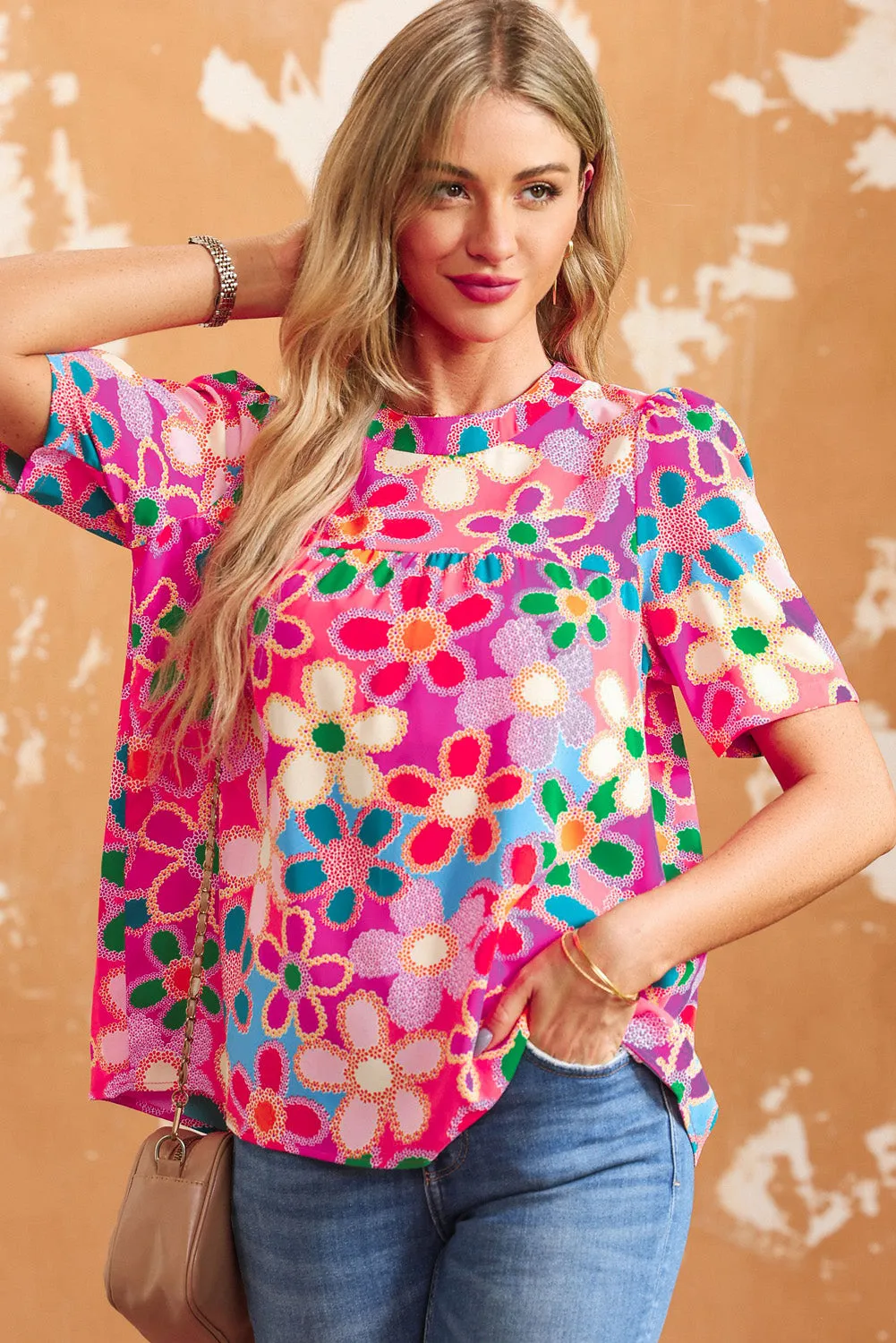 Tied Floral Printed Round Neck Half Sleeve Top