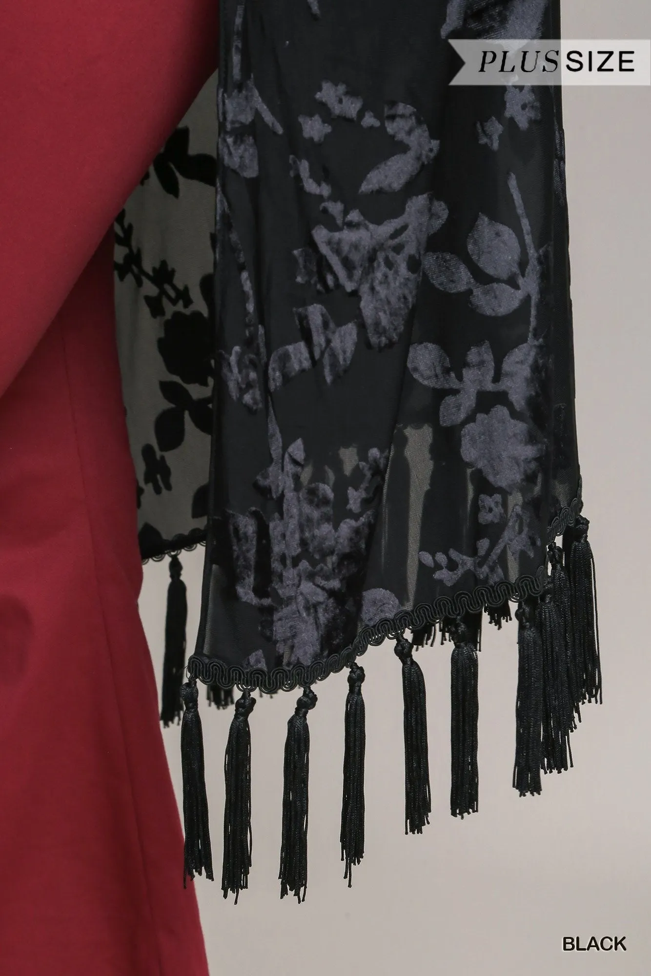 Umgee Two-Tone Floral Burnout Velvet Tassel Fringe Kimono Plus