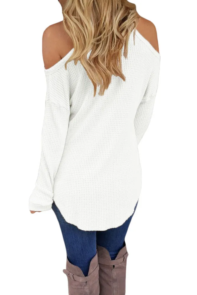 White Cold Shoulder Knit Long Sleeves Sweater