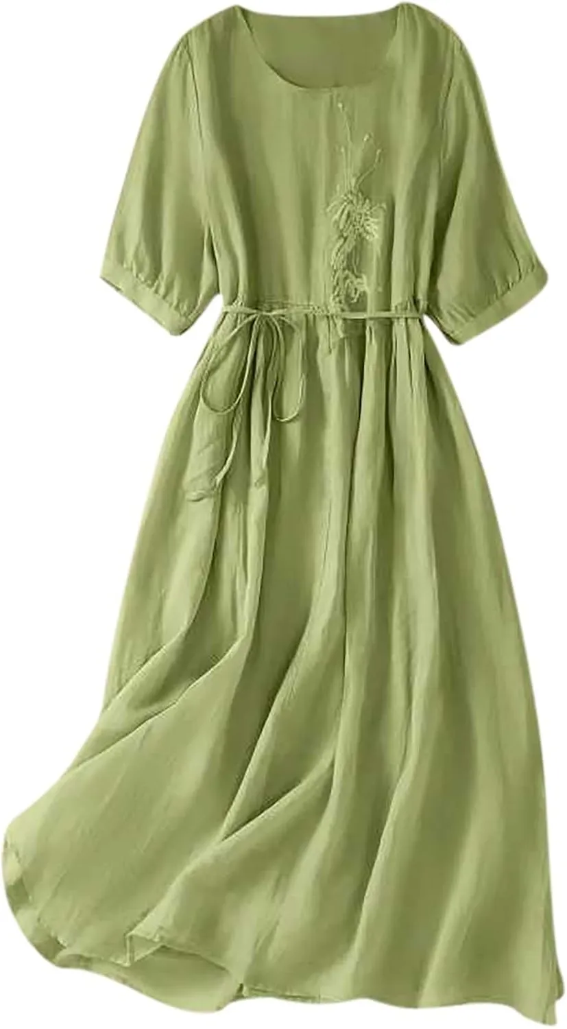 Women Embroidered Dress 3/4 Sleeve Summer Cotton Linen Dress Casual Plus Size Maxi Dress Trendy Summer Beach Clothes