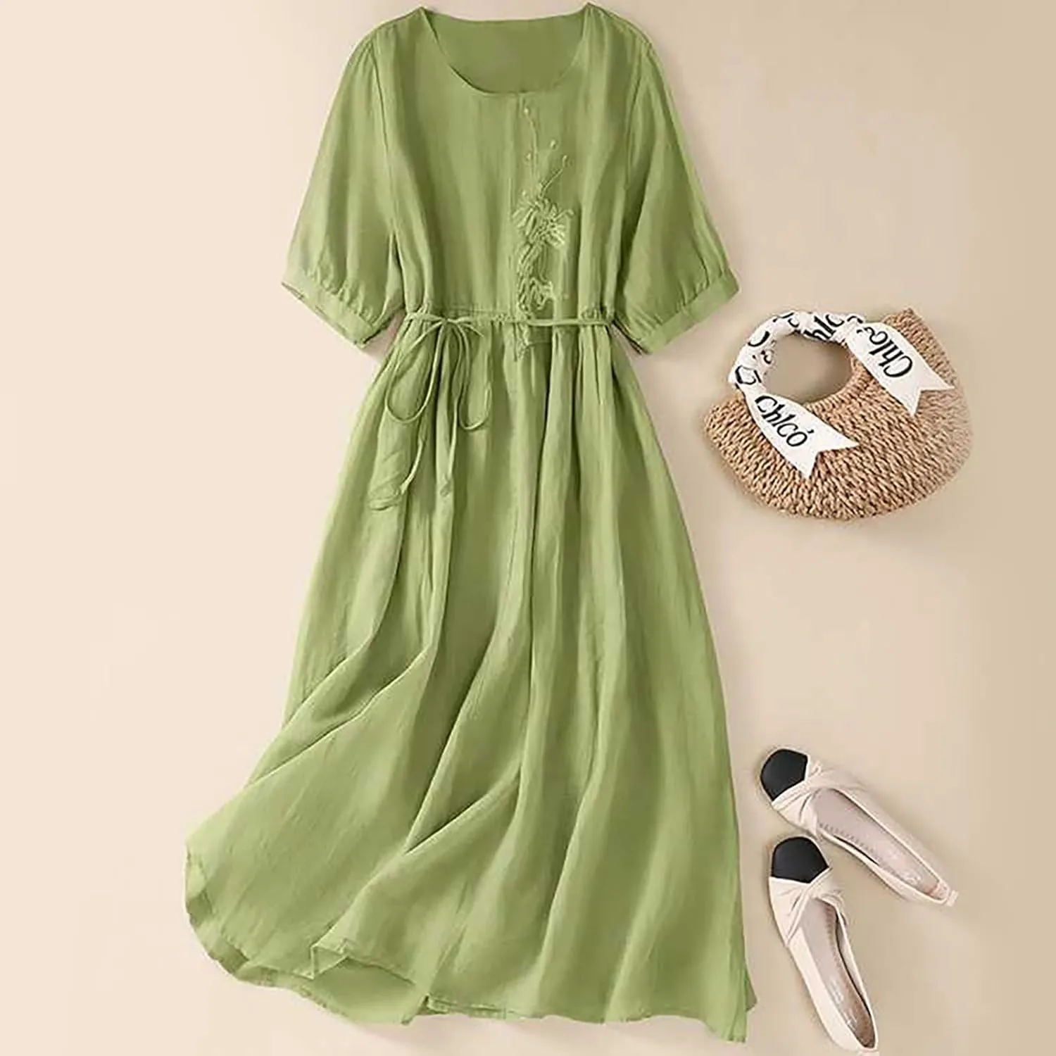 Women Embroidered Dress 3/4 Sleeve Summer Cotton Linen Dress Casual Plus Size Maxi Dress Trendy Summer Beach Clothes