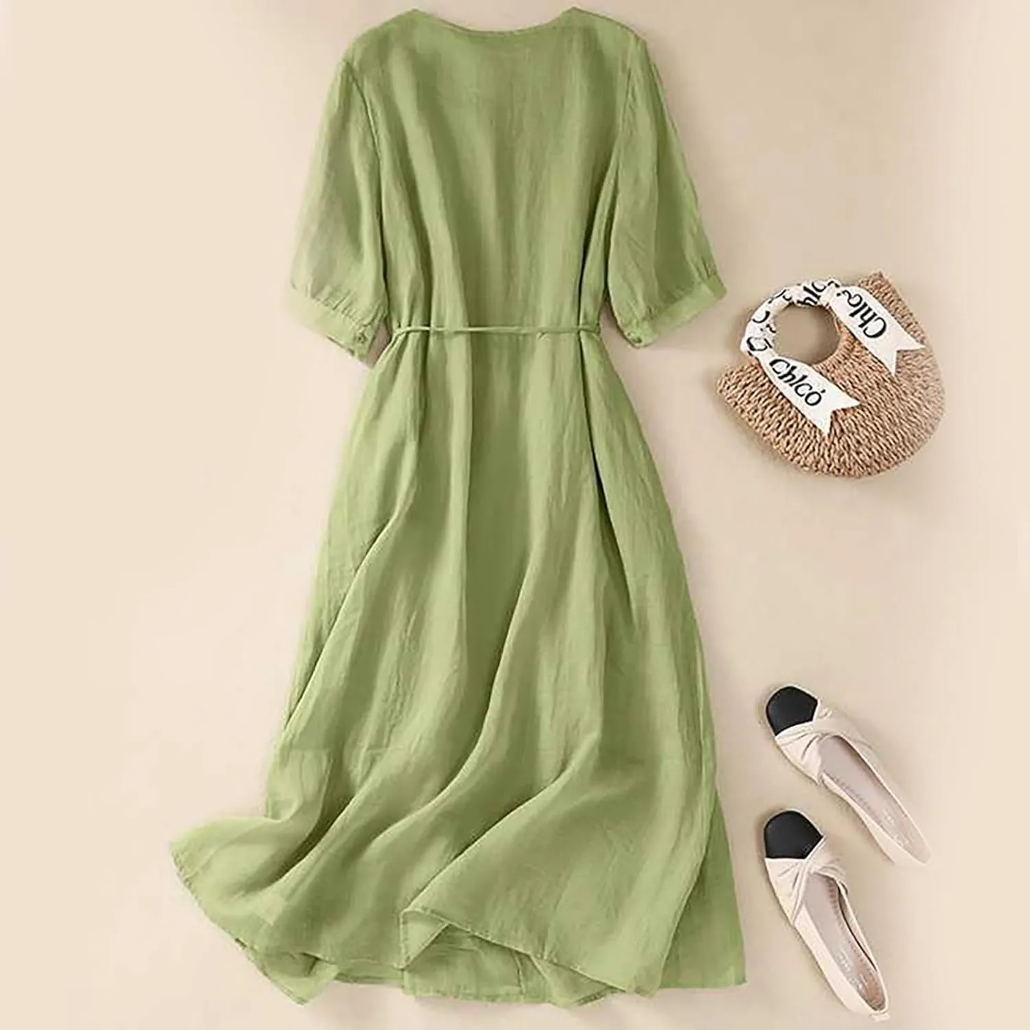Women Embroidered Dress 3/4 Sleeve Summer Cotton Linen Dress Casual Plus Size Maxi Dress Trendy Summer Beach Clothes