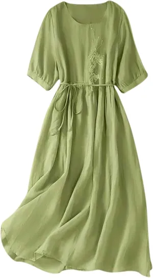Women Embroidered Dress 3/4 Sleeve Summer Cotton Linen Dress Casual Plus Size Maxi Dress Trendy Summer Beach Clothes