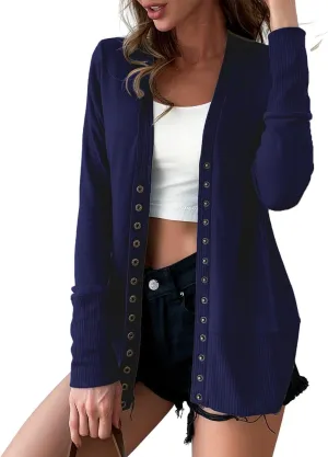 Women Long Sleeve Snaps Button down V Neck Cute Knit Sweater Cardigan