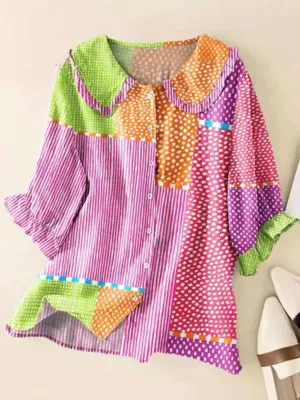 Women Vintage Abstract Geometric Lines Art Print Peter Pan Collar Half Sleeve Blouses