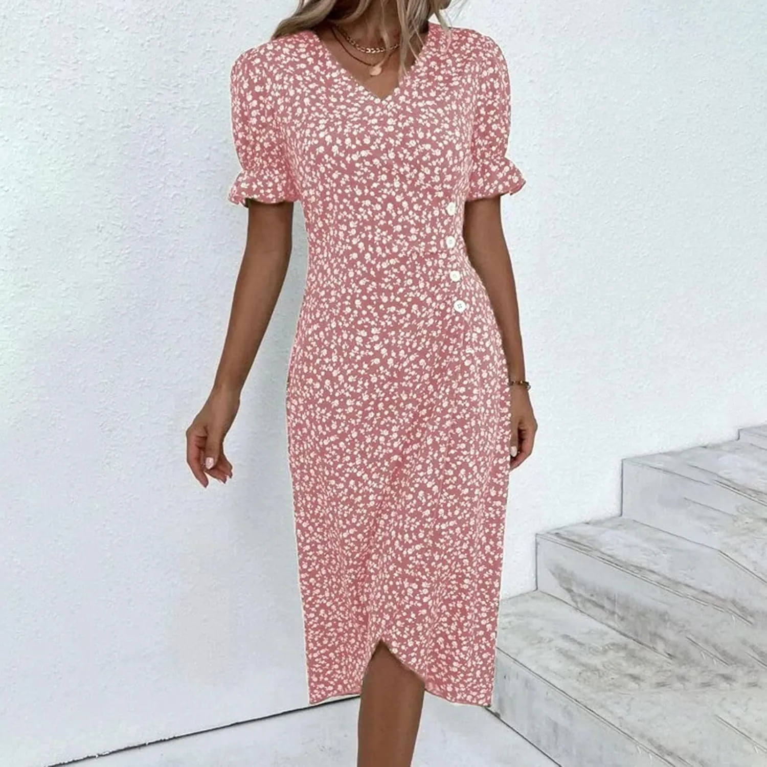 Women's Bohemian Floral Printed Short Sleeve Summer Dress Wrap V Neck Beach Flowy Irregular Hem Slit Midi Dresses