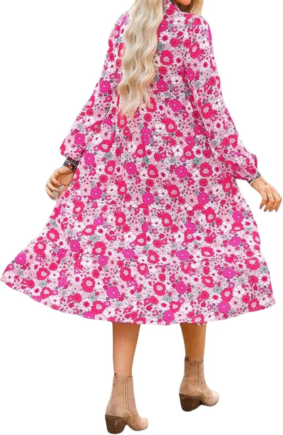 Women's Casual Boho Floral Print Dress V Neck Ruffle Sleeve Maxi Dress Loose Fit Beach Dresses Sundresses for Summer