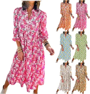 Women's Casual Boho Floral Print Dress V Neck Ruffle Sleeve Maxi Dress Loose Fit Beach Dresses Sundresses for Summer