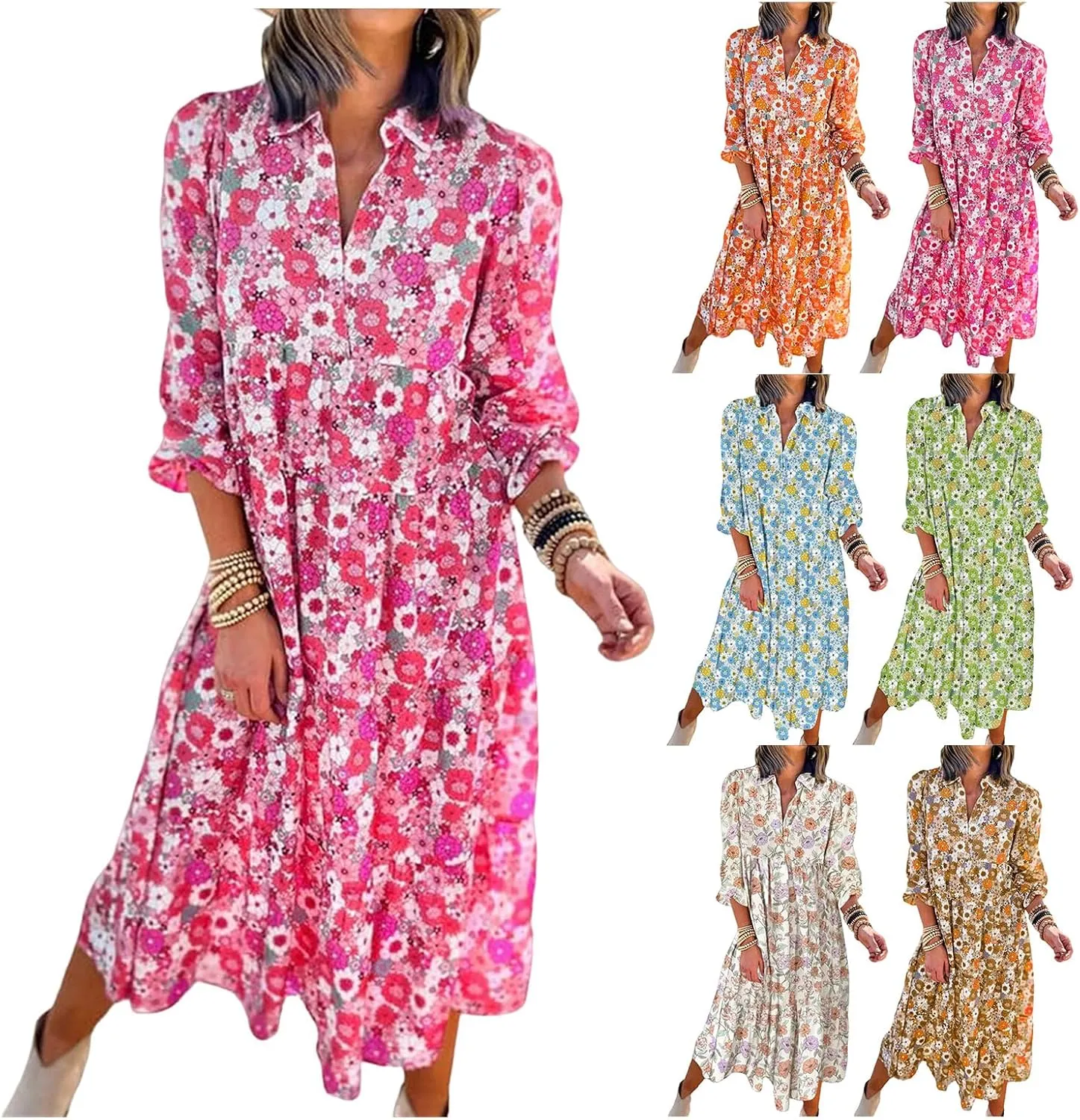 Women's Casual Boho Floral Print Dress V Neck Ruffle Sleeve Maxi Dress Loose Fit Beach Dresses Sundresses for Summer