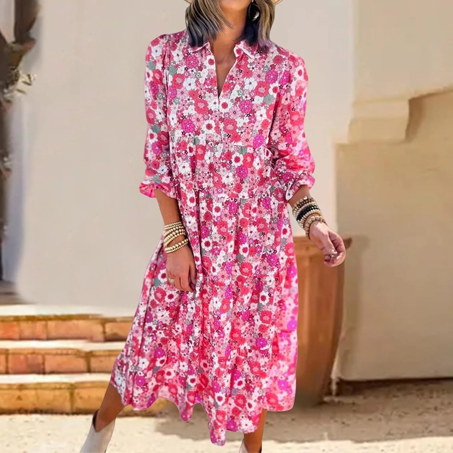 Women's Casual Boho Floral Print Dress V Neck Ruffle Sleeve Maxi Dress Loose Fit Beach Dresses Sundresses for Summer