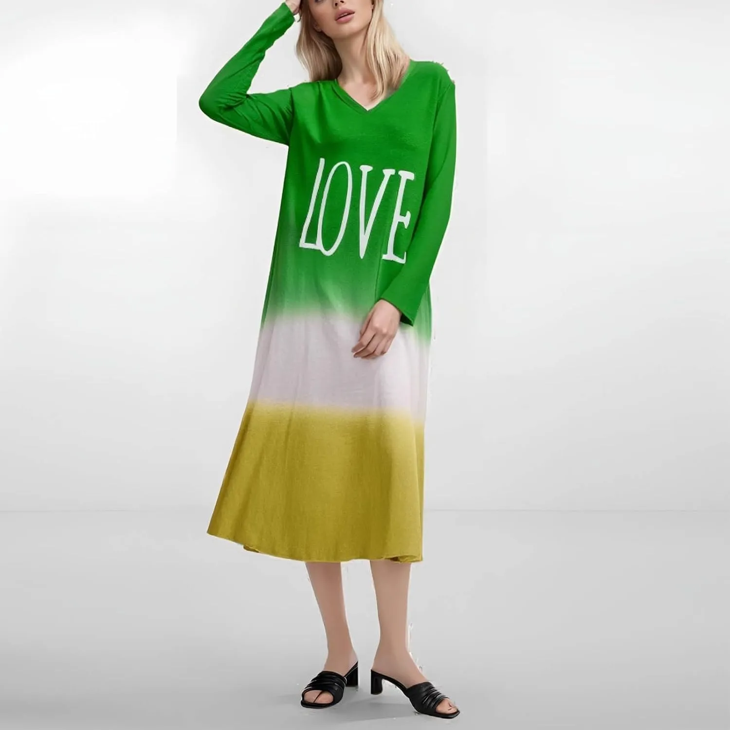 Womens Lounge Dresses 2025 Casual Loose Fit Long Sleeve Crew Neck Midi Dress Trendy Tie-Dye Print Plus Size Dress