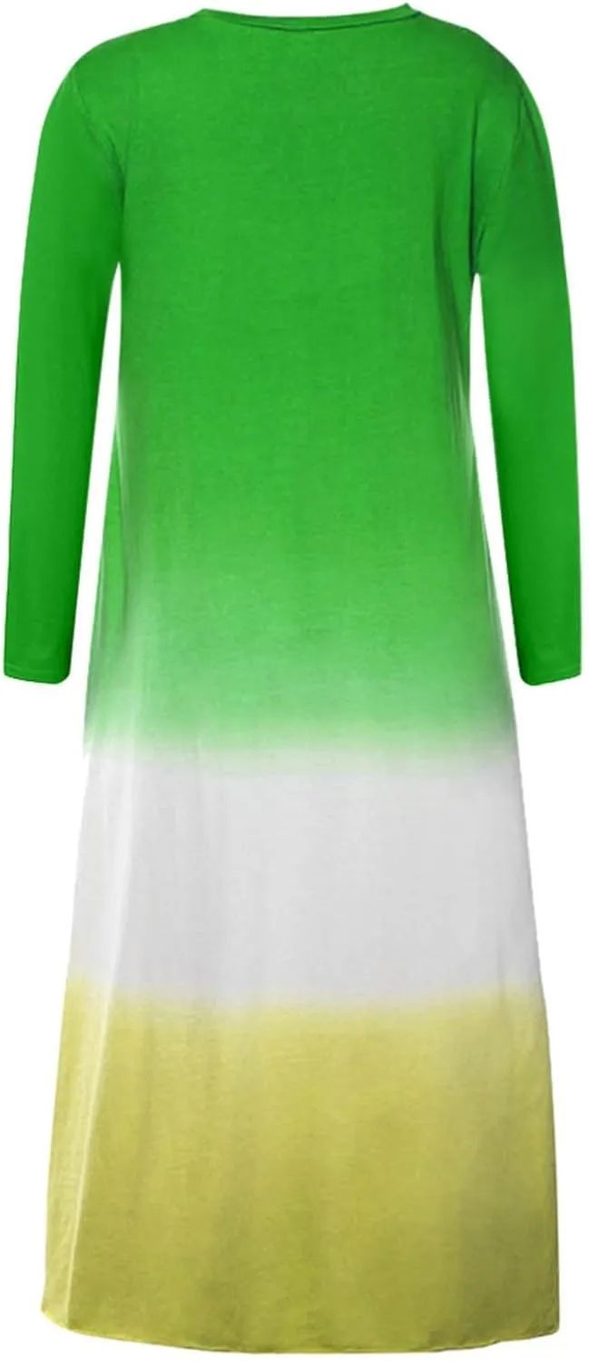 Womens Lounge Dresses 2025 Casual Loose Fit Long Sleeve Crew Neck Midi Dress Trendy Tie-Dye Print Plus Size Dress