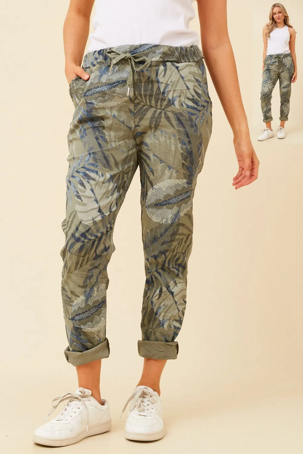 Zinnia Leaf Print Jogger Pants Khaki